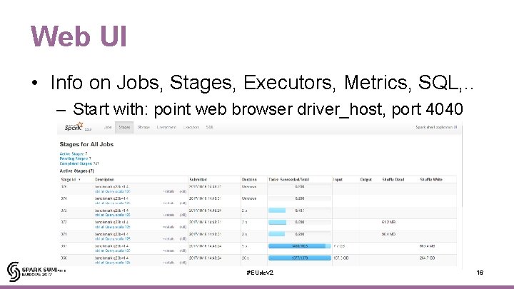 Web UI • Info on Jobs, Stages, Executors, Metrics, SQL, . . – Start