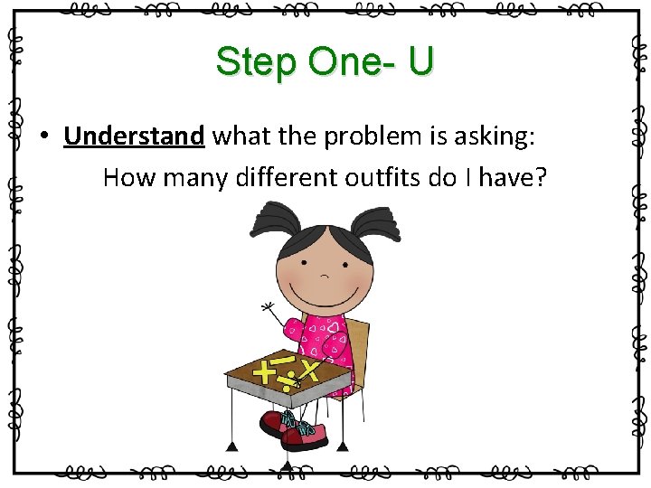 Step One- U • Understand what the problem is asking: How many different outfits