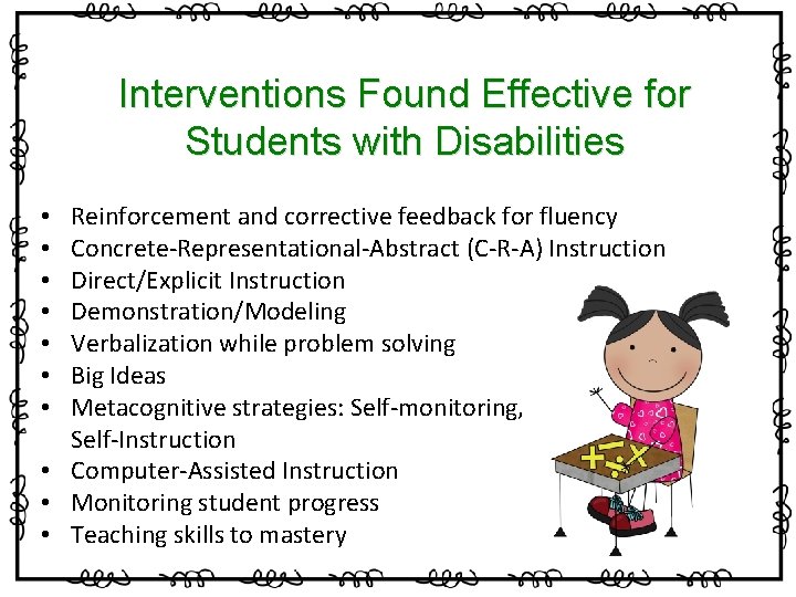 Interventions Found Effective for Students with Disabilities Reinforcement and corrective feedback for fluency Concrete-Representational-Abstract