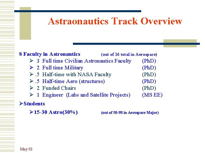 Astraonautics Track Overview 8 Faculty in Astronautics (out of 16 total in Aerospace) Ø
