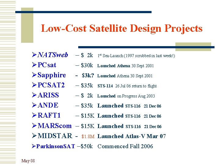 Low-Cost Satellite Design Projects ØNATSweb ØPCsat ØSapphire ØPCSAT 2 ØARISS ØANDE ØRAFT 1 ØMARScom