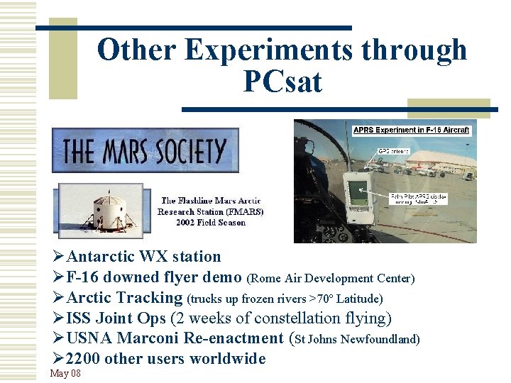 Other Experiments through PCsat ØAntarctic WX station ØF-16 downed flyer demo (Rome Air Development