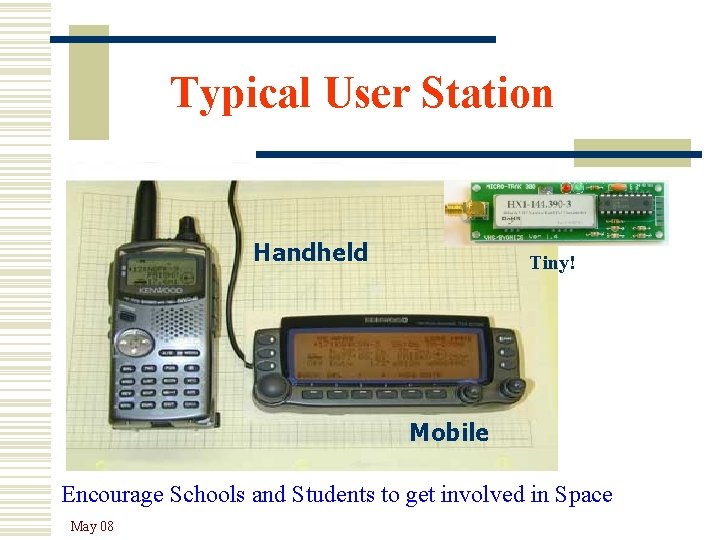 Typical User Station Handheld Tiny! Mobile Encourage Schools and Students to get involved in