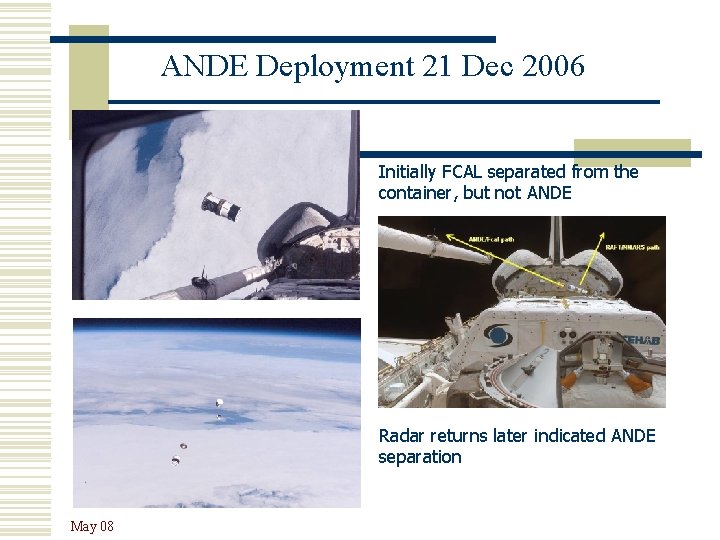ANDE Deployment 21 Dec 2006 Initially FCAL separated from the container, but not ANDE
