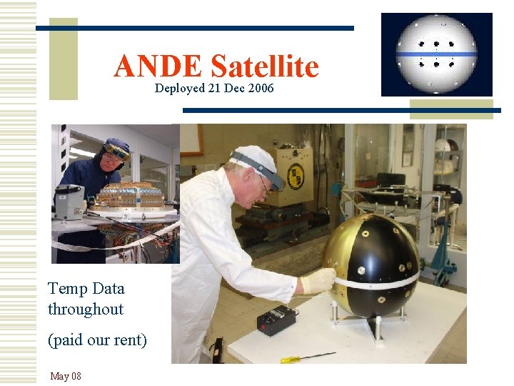 ANDE Satellite Deployed 21 Dec 2006 Temp Data throughout (paid our rent) May 08