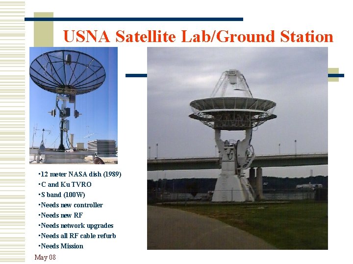 USNA Satellite Lab/Ground Station • 12 meter NASA dish (1989) • C and Ku