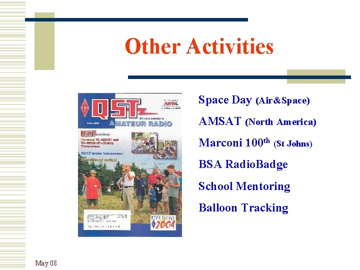 Other Activities Space Day (Air&Space) AMSAT (North America) Marconi 100 th (St Johns) BSA