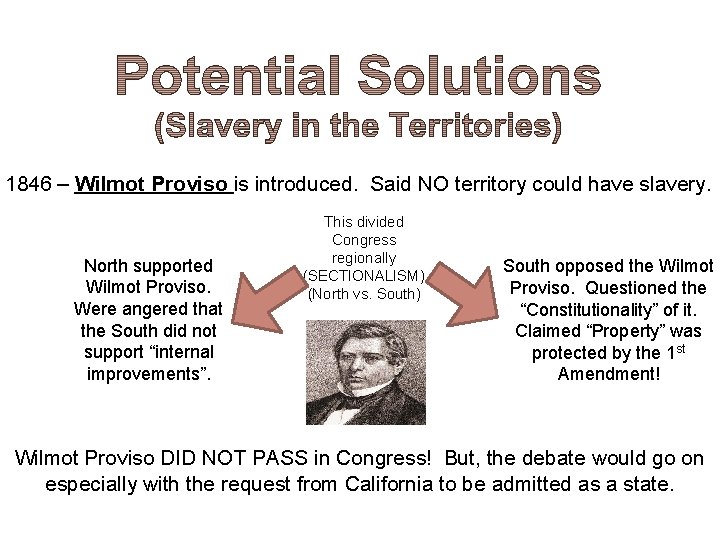 1846 – Wilmot Proviso is introduced. Said NO territory could have slavery. North supported