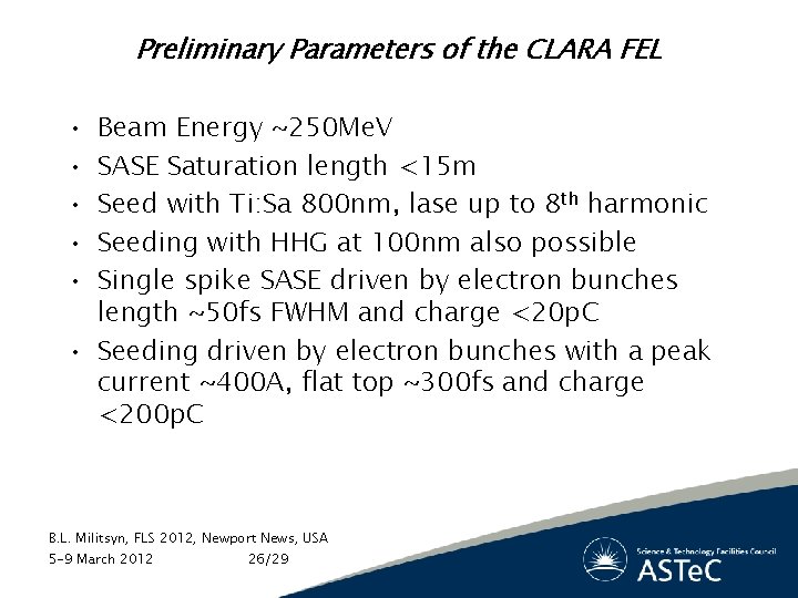 Preliminary Parameters of the CLARA FEL • • • Beam Energy ~250 Me. V