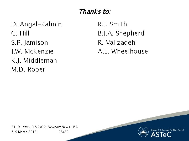 Thanks to: D. Angal-Kalinin C. Hill S. P. Jamison J. W. Mc. Kenzie K.