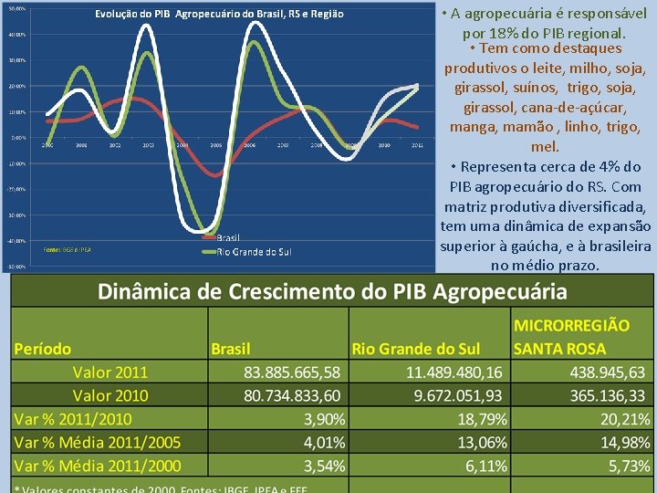  • A agropecuária é responsável por 18% do PIB regional. • Tem como