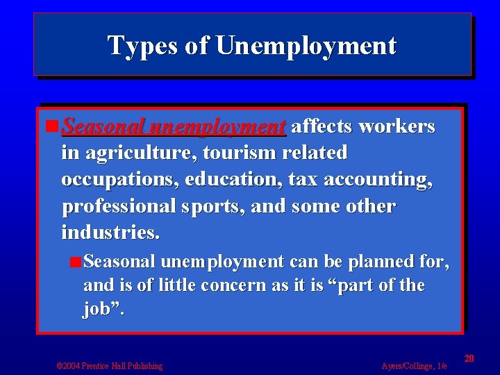 Types of Unemployment Seasonal unemployment affects workers in agriculture, tourism related occupations, education, tax