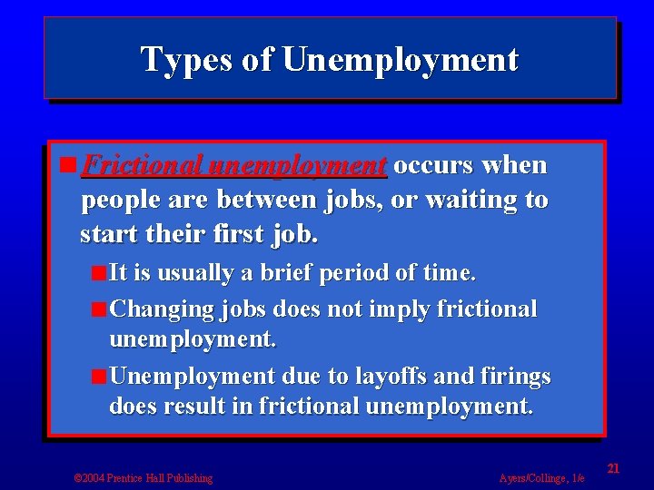 Types of Unemployment Frictional unemployment occurs when people are between jobs, or waiting to