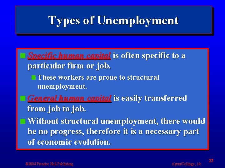 Types of Unemployment Specific human capital is often specific to a particular firm or