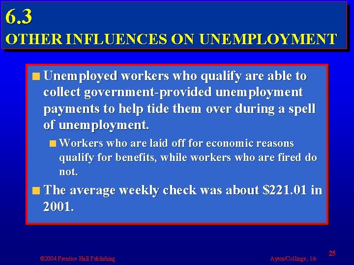 6. 3 OTHER INFLUENCES ON UNEMPLOYMENT Unemployed workers who qualify are able to collect