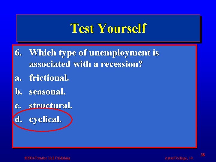 Test Yourself 6. Which type of unemployment is associated with a recession? a. frictional.