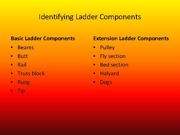 Identifying Ladder Components Basic Ladder Components • • • Beams Butt Rail Truss block