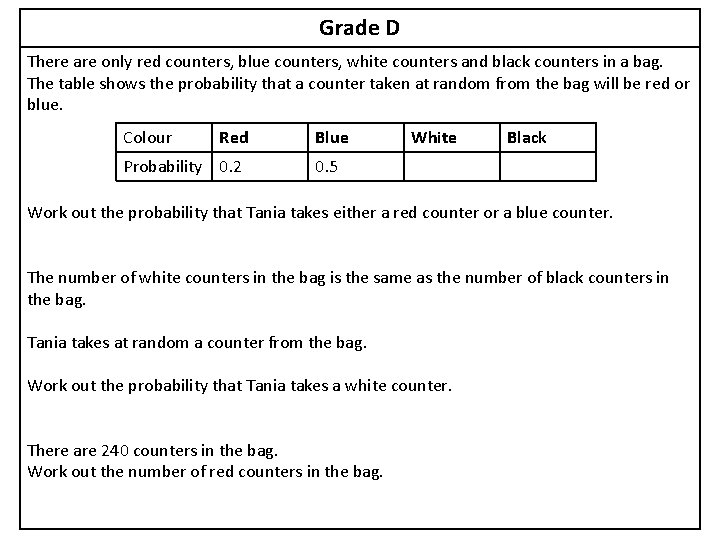 Grade D There are only red counters, blue counters, white counters and black counters