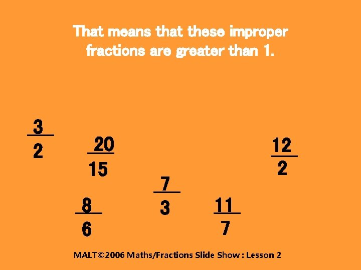 That means that these improper fractions are greater than 1. 3 2 20 15