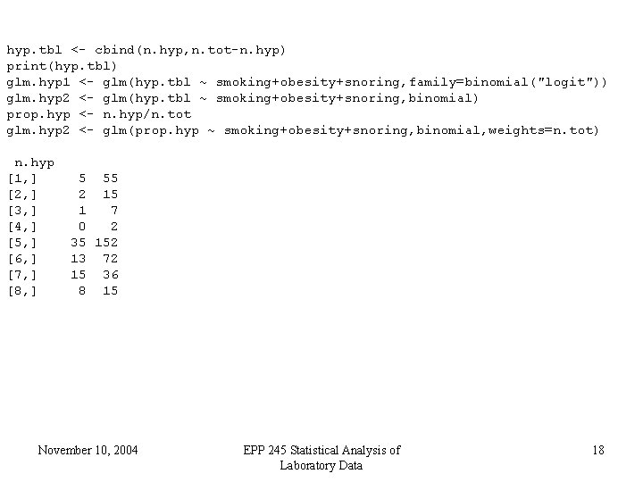 hyp. tbl <- cbind(n. hyp, n. tot-n. hyp) print(hyp. tbl) glm. hyp 1 <-