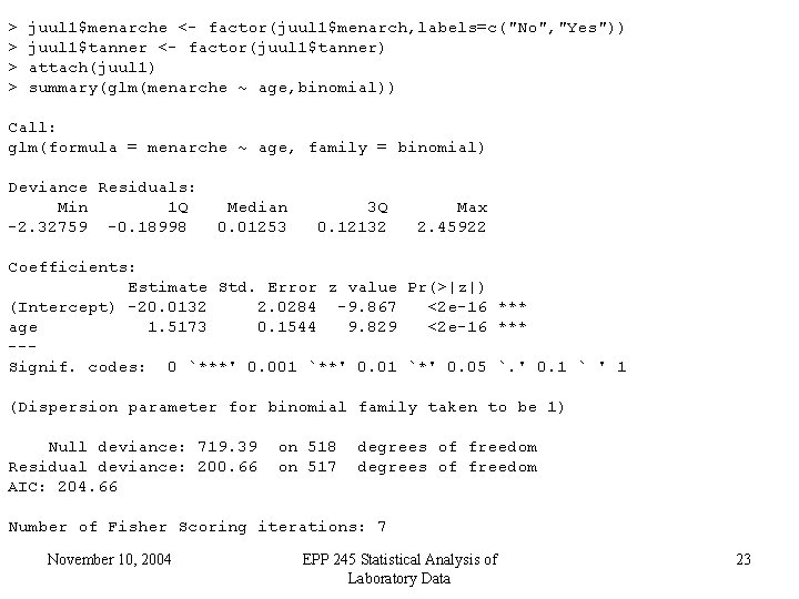 > > juul 1$menarche <- factor(juul 1$menarch, labels=c("No", "Yes")) juul 1$tanner <- factor(juul 1$tanner)