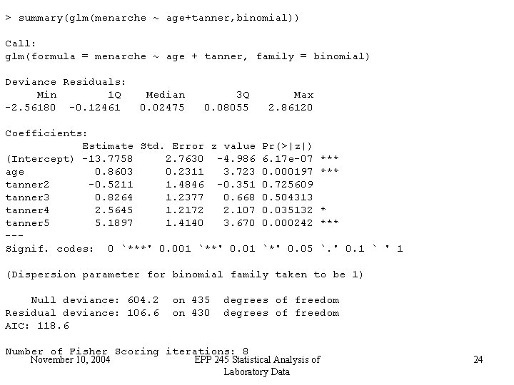 > summary(glm(menarche ~ age+tanner, binomial)) Call: glm(formula = menarche ~ age + tanner, family