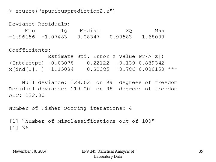 > source("spuriousprediction 2. r") Deviance Residuals: Min 1 Q -1. 96156 -1. 07483 Median