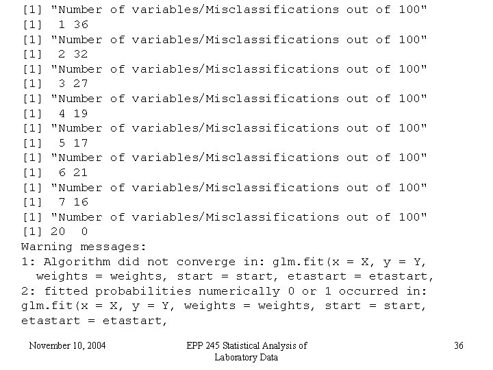 [1] "Number of variables/Misclassifications out of 100" [1] 1 36 [1] "Number of variables/Misclassifications