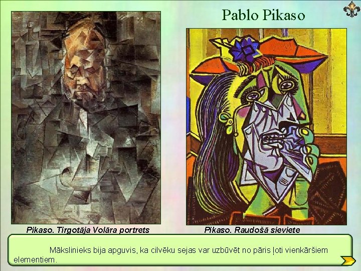 Pablo Pikaso. Tirgotāja Volāra portrets Pikaso. Raudošā sieviete Mākslinieks bija apguvis, ka cilvēku sejas