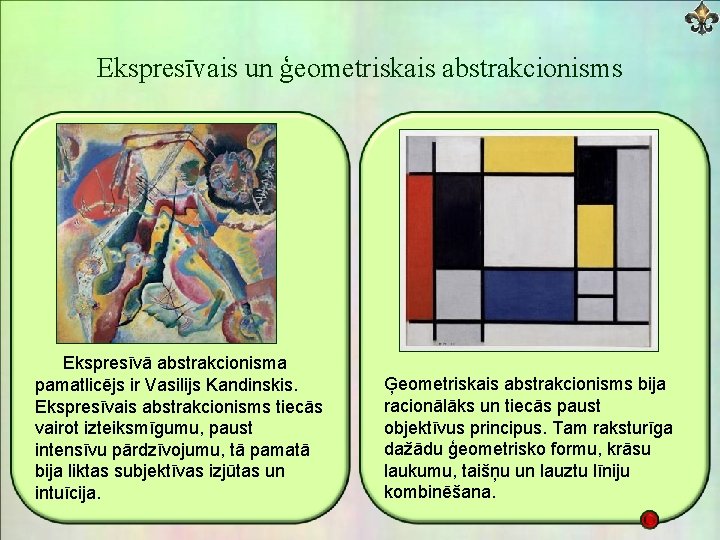 Ekspresīvais un ģeometriskais abstrakcionisms Ekspresīvā abstrakcionisma pamatlicējs ir Vasilijs Kandinskis. Ekspresīvais abstrakcionisms tiecās vairot