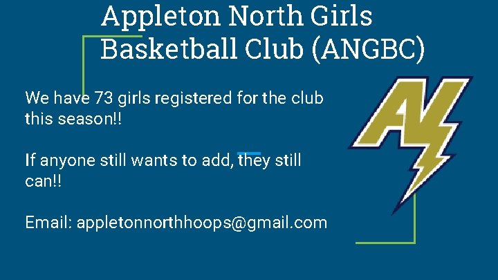 Appleton North Girls Basketball Club (ANGBC) We have 73 girls registered for the club