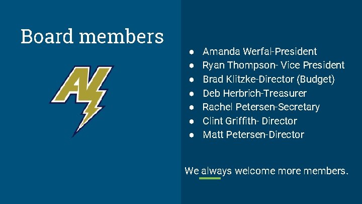 Board members ● ● ● ● Amanda Werfal-President Ryan Thompson- Vice President Brad Klitzke-Director