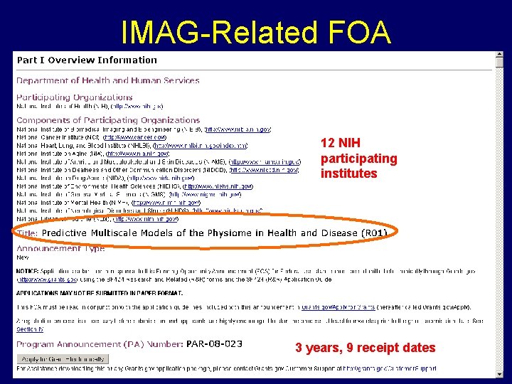 IMAG-Related FOA 12 NIH participating institutes 3 years, 9 receipt dates 