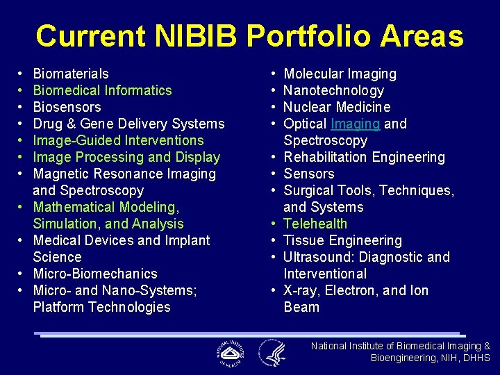 Current NIBIB Portfolio Areas • • • Biomaterials Biomedical Informatics Biosensors Drug & Gene