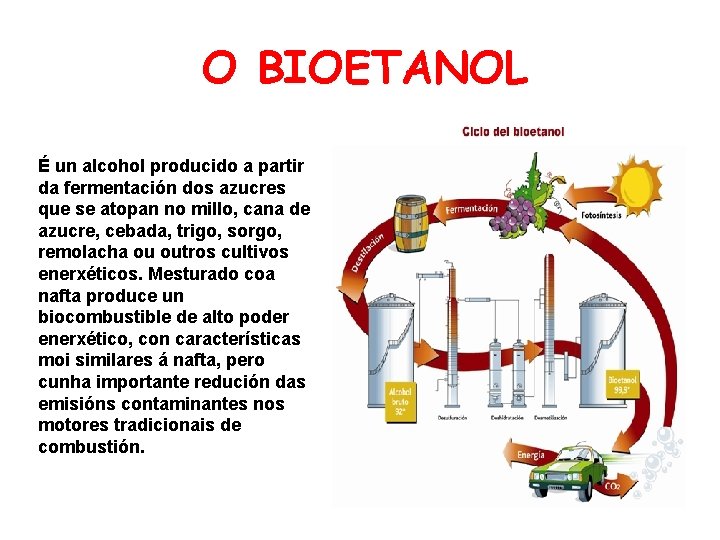 O BIOETANOL É un alcohol producido a partir da fermentación dos azucres que se