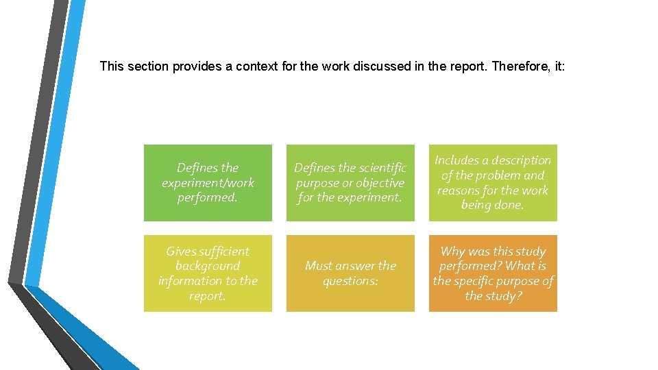 This section provides a context for the work discussed in the report. Therefore, it: This section provides a context for the work discussed in the report. Therefore, it: