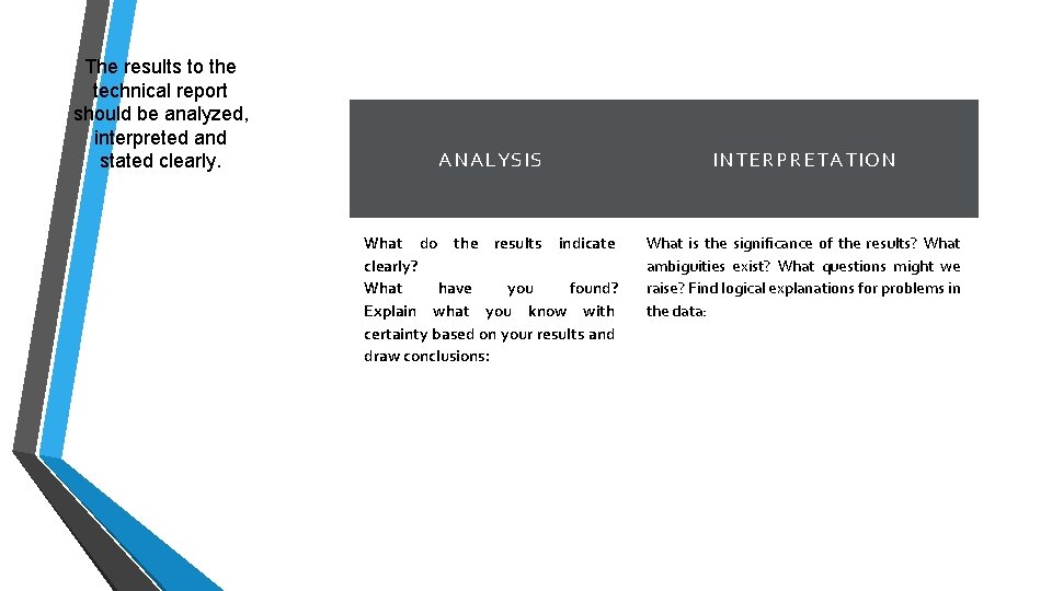 The results to the technical report should be analyzed, interpreted and stated clearly. ANALYSIS The results to the technical report should be analyzed, interpreted and stated clearly. ANALYSIS