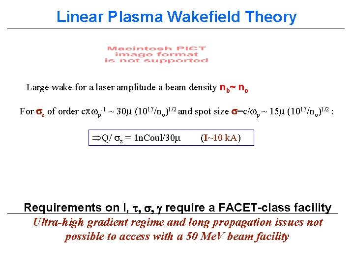 Linear Plasma Wakefield Theory Large wake for a laser amplitude a beam density nb~