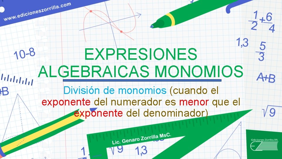 EXPRESIONES ALGEBRAICAS MONOMIOS División de monomios (cuando el exponente del numerador es menor que EXPRESIONES ALGEBRAICAS MONOMIOS División de monomios (cuando el exponente del numerador es menor que