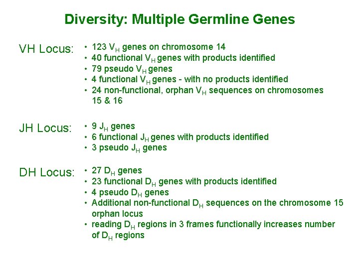 Diversity: Multiple Germline Genes VH Locus: • • • JH Locus: • 9 JH