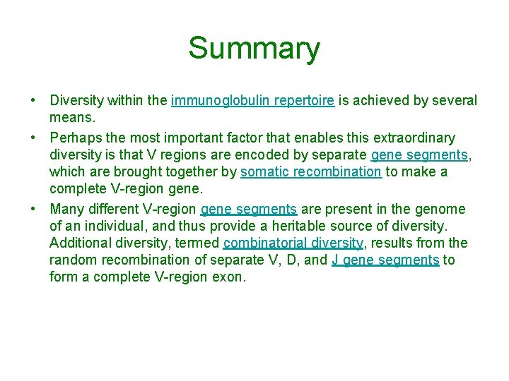 Summary • Diversity within the immunoglobulin repertoire is achieved by several means. • Perhaps