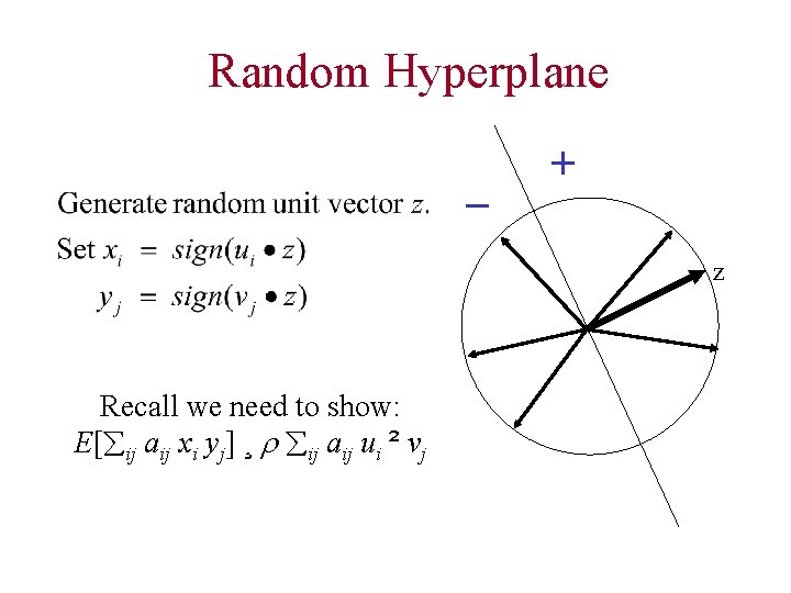 Random Hyperplane _ + z Recall we need to show: E[ ij aij xi