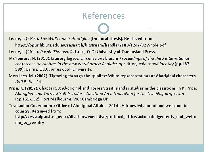 References Leane, J. (2010). The Whiteman’s Aborigine [Doctoral Thesis]. Retrieved from: https: //opus. lib.