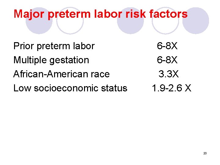 Major preterm labor risk factors Prior preterm labor Multiple gestation African-American race Low socioeconomic