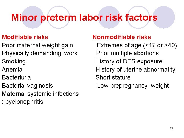 Minor preterm labor risk factors Modifiable risks Poor maternal weight gain Physically demanding work