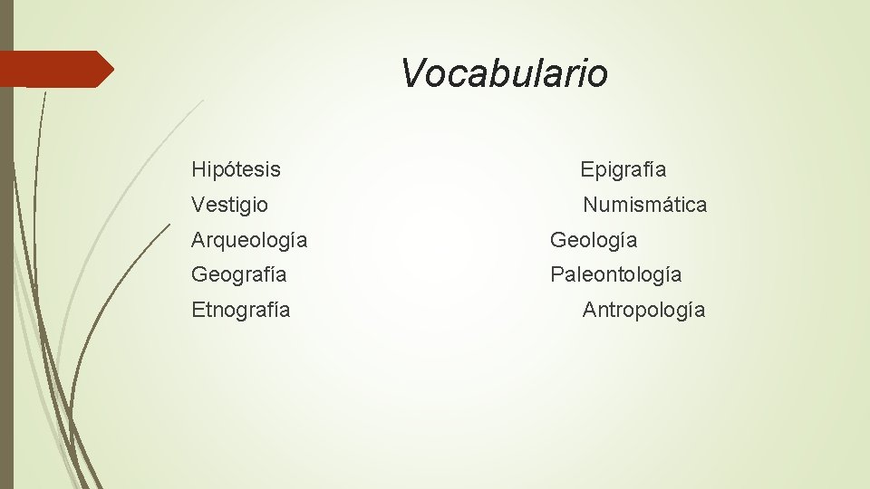 Vocabulario Hipótesis Epigrafía Vestigio Numismática Arqueología Geografía Paleontología Etnografía Antropología 