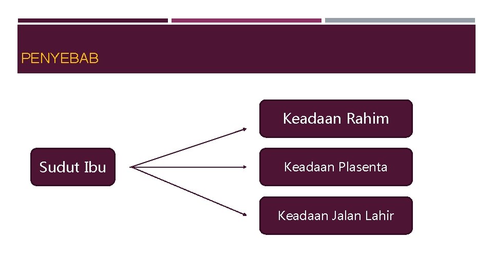 PENYEBAB Keadaan Rahim Sudut Ibu Keadaan Plasenta Keadaan Jalan Lahir 