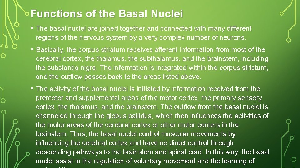 Functions of the Basal Nuclei • The basal nuclei are joined together and connected