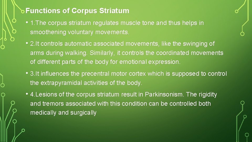 Functions of Corpus Striatum • 1. The corpus striatum regulates muscle tone and thus