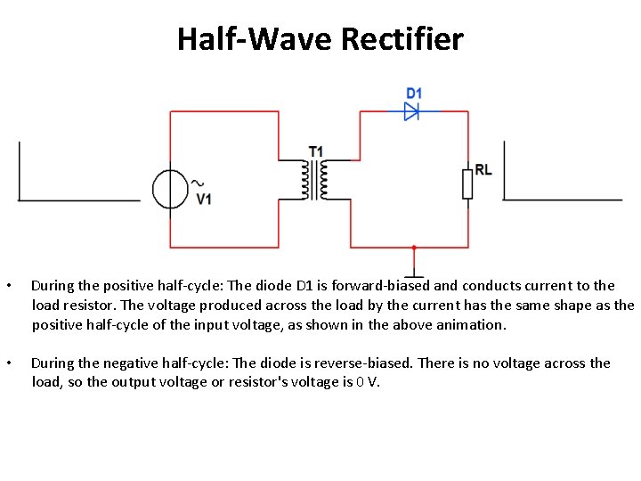 Half-Wave Rectifier • During the positive half-cycle: The diode D 1 is forward-biased and